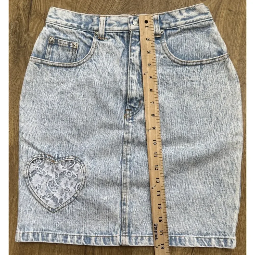 Jordache VTG Y2K Denim Romance Skirt Acid Wash 90’S Lace Heart Women’s 9/10